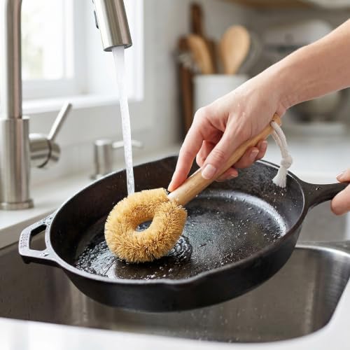 Tawashi Coir Dish Brush - Long Wooden Handle, Open Ring - Image 3