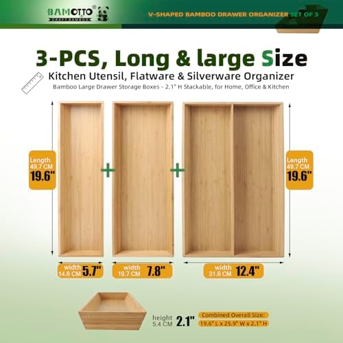 BAMOTTO CRAFTBAMBOO Large Long V-Shaped Bamboo Drawer Organizer Set of 3 - Image 2
