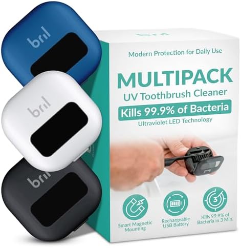 Bril UV-C Toothbrush Sanitizer and Holder – Wall Mounted, Rechargeable, 30-Day Battery, Magnetic Mount, Fits Electric and Manual Brushes, Portable Travel Case, Auto-Shutoff – Multipack by Bril