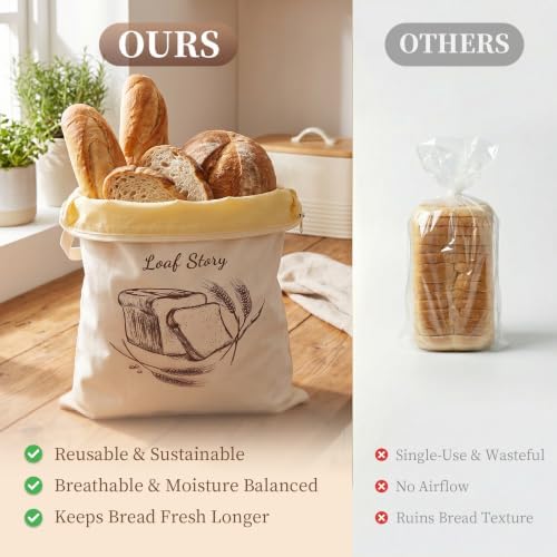 Beeswax Sourdough Bread Bags with Wide Zipper Access, 2 Pack XL 13" x 17" Reusable Linen Cotton Bread Bags for Homemade Bread, Helps Maintain Crust & Freshness (Double-Sided Print Design) - Image 4