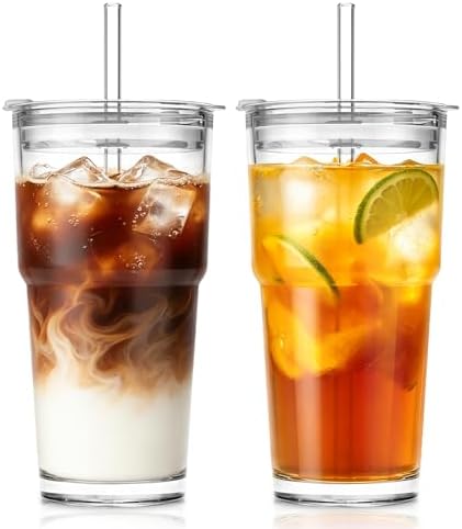SoulTimes 20oz Clear Glass Tumbler with Lid and Straw – Iced Coffee Glasses Cups for Smoothie, Matcha, Juice, Water etc. Leakproof and Reusable Glassware Drinking for Travel To Go 【2 Pack】 by SoulTimes