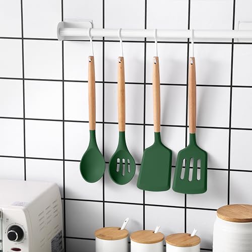 Country Kitchen Non Stick Silicone Utensil Set with Rounded Wood Handles for Cooking and Baking, 14 Piece Set, Green - Image 7
