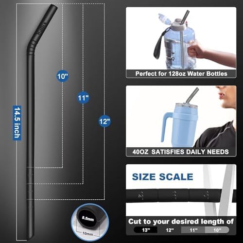 WALFOS Extra Long Reusable Silicone Straws 14.5 inch, Big Sizes Flexible Bendy Straws for 1/Half Gallon Large Water Bottles, 128 75 64 40 OZ Tumbler with Cleaning Brush (6-Pack) - Image 2