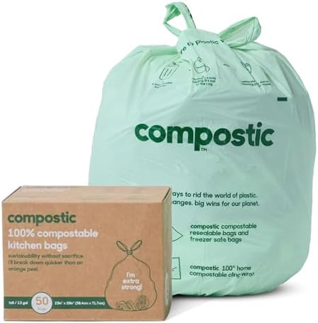 Compostic Compostable Trash Bags, 13 Gallon Tall Kitchen (50 Count) Starter Pack — Extra Strong, Home Compostable, Plant-Based, Non-Toxic, Unscented Garbage Bags by COMPOSTIC