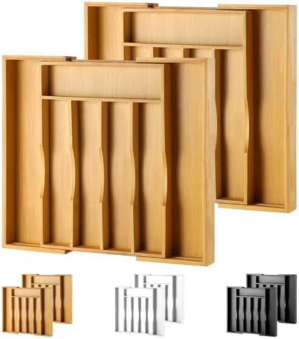 2-Piece Bamboo Silverware Organizer, Expandable Kitchen Drawer Organizer for Cutlery and Utensils, Multifunction Adjustable Bamboo Wood Cutlery Tray in Drawer for Flatware, (Natural) by oridom
