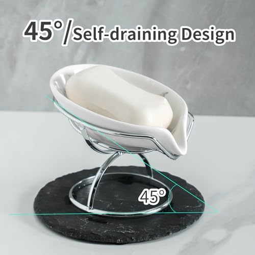 Dobbyby Leaf-Shaped Soap Dish – Ceramic Soap Bar Holder with Self-Drainage System – Bar Soap Holder for Shower, Bathroom Sink, Kitchen – Soap Dish with Stainless Steel Stand (White-Sliver-2 Pack) - Image 3
