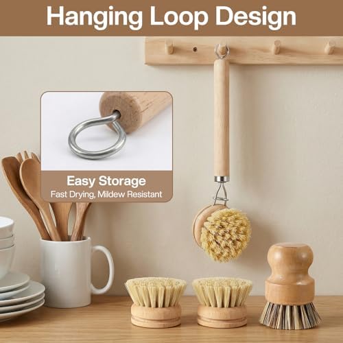 5 Pcs Bamboo Dish Brush Set Includes 1 Wooden Handle with 3 Natural Replaceable Bristle Heads and 1 Handheld Bamboo Wok Brush Scrubber for Dishes Pans Pots Fruit and Veggie Washing(Style B) - Image 6