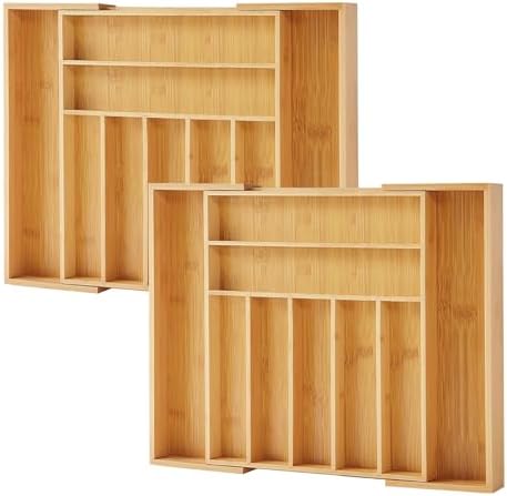 Purawood Bamboo Drawer Organizer, 2 Pack - Expandable Silverware Organizer & Utensil Organizer, Cutlery Tray with Dividers, 7-9 Slots- Premium Kitchen Organizer for Utensils & Flatware (Natural) by PURAWOOD