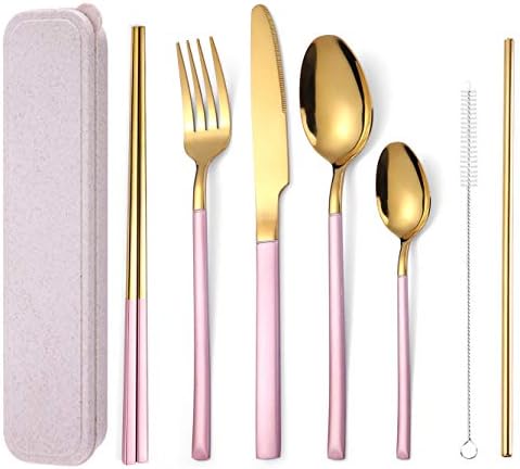 AARAINBOW 7 Pieces Stainless Steel Flatware Set Portable Reusable Cutlery Set Travel Utensils Set Including Chopsticks Knife Fork Spoon Straws Cleaning Brush Dishwasher Safe (Pink Golden) by AARAINBOW