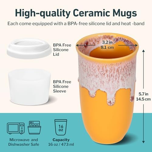 NOVA CERAMICS Ceramic Tumbler– Ceramic Travel Mug With Lid – Microwave & Dishwasher Safe Coffee White & Orange Tumbler - Gifts For Women Men Him Her – 16oz – Grapefruit - Image 3