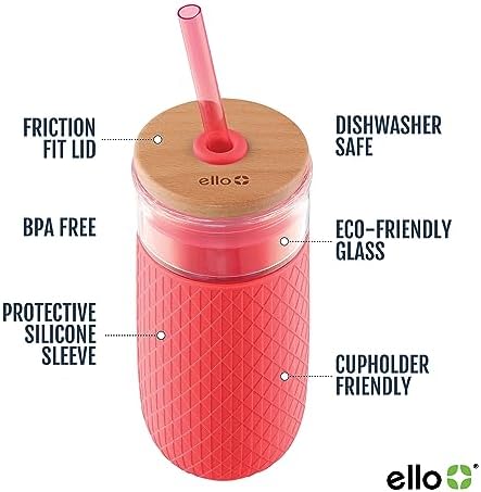 Ello Devon 18oz Glass Tumbler with Straw & Lid for Iced Coffee, Coral - Image 2