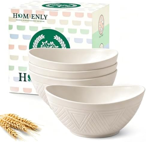 Homienly Wheat Straw Serving Bowls Unbreakable Serving Bowls for Kitchen, Camping, Party, RV, Microwave and Dishwasher Safe Soup Bowls 26 OZ Popcorn Bowls Reusable (4 PCS White) by HOMIENLY