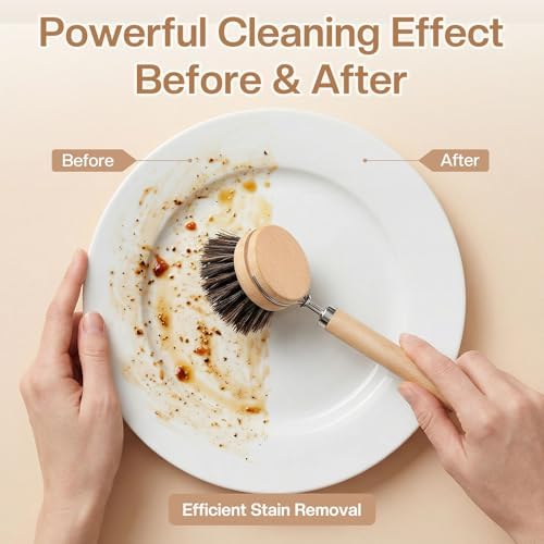 5 Pcs Bamboo Wood Dish Brush Set Includes 1 Wooden Handle with 3 Natural Replaceable Bristle Heads and 1 Handheld Bamboo Wok Brush Scrubber for Dishes Pans Pots Fruit and Veggie Washing(Style A) - Image 5
