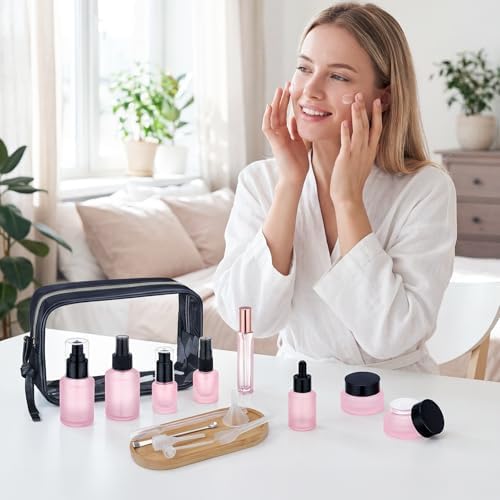 Segbeauty 8pcs Pink Travel Size Containers Set with Clear Toilet Bag, Small Travel Essentials Toiletires Skincare Containers Frosted Glass Spray Lotion Bottles, Dropper Bottle Empty Cream Jar with Lid - Image 5