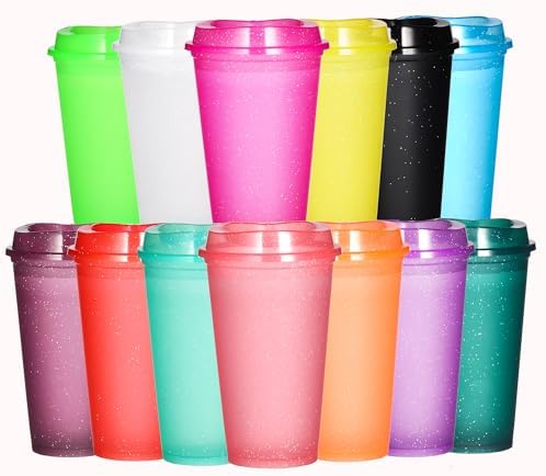 16oz Reusable Plastic Coffee Cups with Lids, 13 Pack, Glitter by Ankeli%26Lt