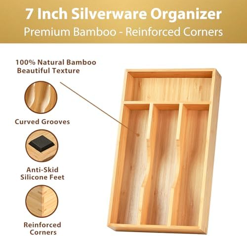 Umilife Bamboo Kitchen Drawer Organizer, 7 Inch Silverware Utensils Tray Holder for Small Drawer, Wood Caddy for Flatware Cutlery Knives - Image 2
