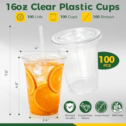 Charmount 100 Sets 16 oz Plastic Cups with Lids and Straws - Image 2