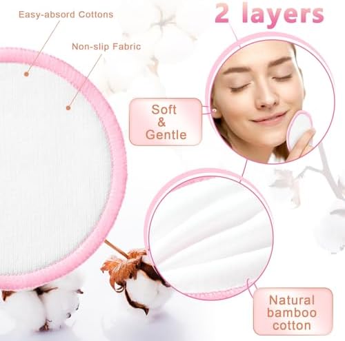 Foaincore 40 Pcs Reusable Makeup Remover Pads with Mesh Storage Bag and Bamboo Box Washable Bamboo Cotton Rounds Soft Reusable Face Pad for Toner Skin Various Skin Care Products(White Pink) - Image 2