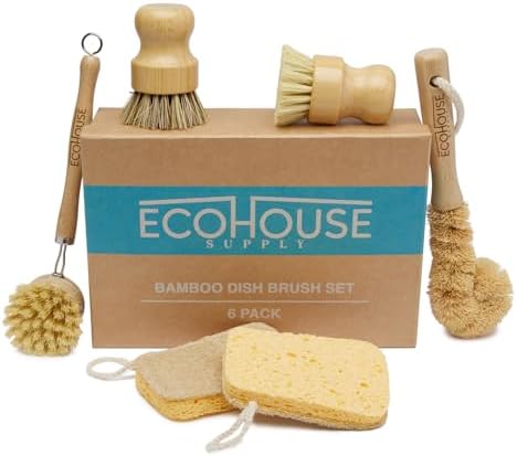 ECOHOUSE SUPPLY™ Bamboo Dish Brush Set – 6-Piece Natural Fiber Kitchen Brush Set with Loofah Sponges (No Bleach), Sisal & Palm Scrubbers – Non-Toxic, Eco-Friendly, Plastic-Free Dish Cleaning Brushes. by Unknown