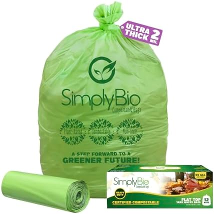 Simply Bio 50-55 Gallon Compostable Trash Bags Liners Flat-Top, Heavy Duty Extra Thick 2 Mil, 208.2 Liter, 12 Bags, Lawn, Yard, and Restaurant Use, ASTM D6400, US BPI, OK Compost Home Certified by SimplyBio