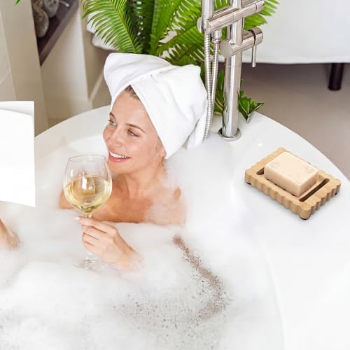 Jinei 2 Pcs Scalloped Wood Soap Dish Bulk 4.92 x 3.35 x 0.59 Inch Bamboo Bar Soap Holder with Self Draining Non-Slip Point Design Sponge Saver for Shower Bathroom Kitchen - Image 6