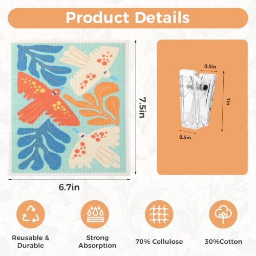 6 Pack Swedish Dishcloths for Kitchen,Abstract Floral Dish Towels with Clip - Image 2
