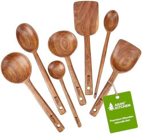 AIUHI 7 pcs Wooden Kitchen Utensil Set, Wooden Cooking Utensils Including Wood Spoon & Spatula, Non-stick Safe Wood Spoon for Cooking by AIUHI