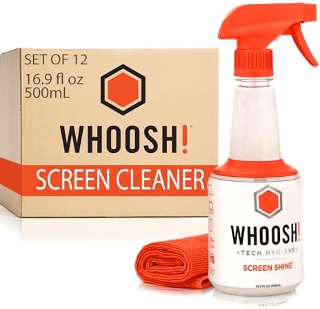 WHOOSH! Screen Shine Pro – TV Screen Cleaner & Cloth, Set of 12, 16.9 fl oz by WHOOSH
