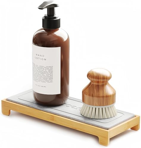 SpaceAid DryingNeat Instant Dry Sink Caddy Organizers, Kitchen Sponge Soap Holder Dispenser, Countertop Fast Drying Counter Tray Rack (Bamboo, Gray) by SpaceAid