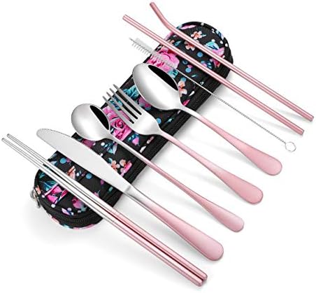 Travel Utensils,Reusable Silverware Set To Go Portable Cutlery Set with a Waterproof Carrying Case for Lunch Boxes Workplace Camping Picnic (GraPink) by Topbooc