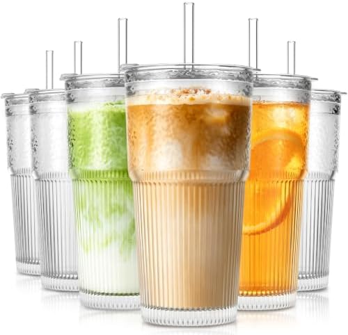 SoulTimes 20oz Wave Ribbed Glass Tumbler with Lid and Straw – Iced Coffee Glasses Cups for Smoothie, Matcha, Juice, Water etc. Leakproof and Reusable Glassware Drinking for Daily & Travel To Go [6Pcs] by SoulTimes