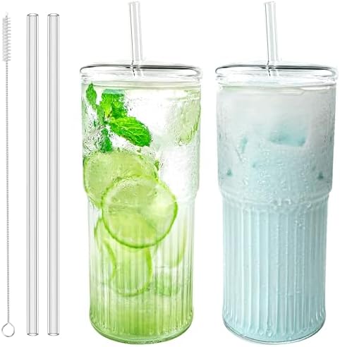 Luiaiog Glass Cups with Lids and Glass Straws, High Borosilicate 20OZ Tumblers (2Pcs) for Coffee, Tea, Juice, Smoothies, Hot/Cold Drinks at Home, Office（Creative Drink Label Design） by Luiaiog