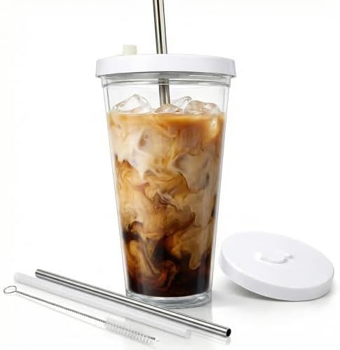 Reusable Iced Coffee Cup with Lid and Straw, 24 oz/Venti, BPA-Free Double-Wall Insulated Plastic Tumbler for Cold Drinks, Includes Clear Plastic Straw, Stainless Steel Straw and Cleaning Brush, White by KensalHome