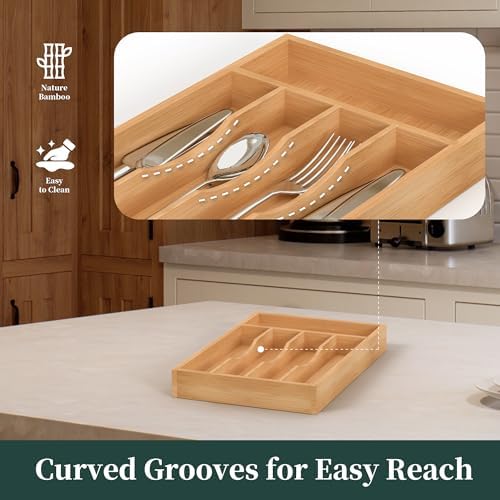 Silverware Organizer, Bamboo Kitchen Drawer Organizer, Utensil Holder, Cutlery Tray & Spoon Flatware Storage with Grooved Drawer Dividers (8.5''W x 13''D) - Image 4