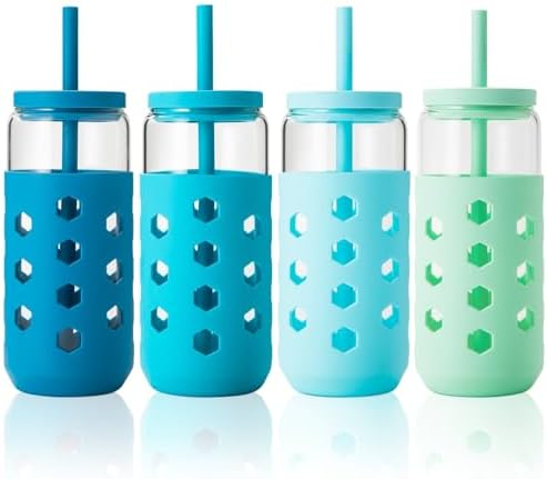 Mrsdry 20 oz Glass Cups with Lids and Straws for Gift, 4-Pack, Blue by Mrsdry