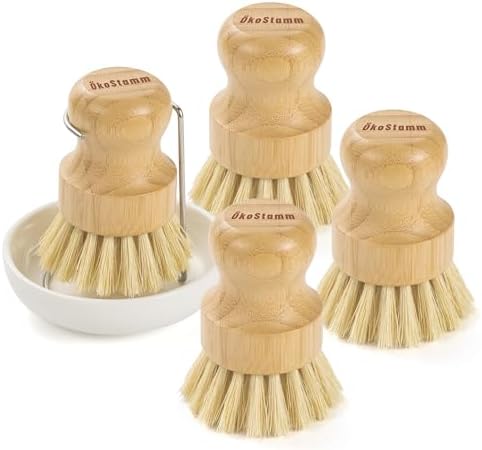 6 PCS Bamboo Dish Brush Set - Natural Scrub Brush for Dish with Tray and Drain Holder, Wooden Dish Scrubber for Kitchen Cleaning Dishes, Pots, Pans and Vegetables (6) by %C3%96KOSTAMM