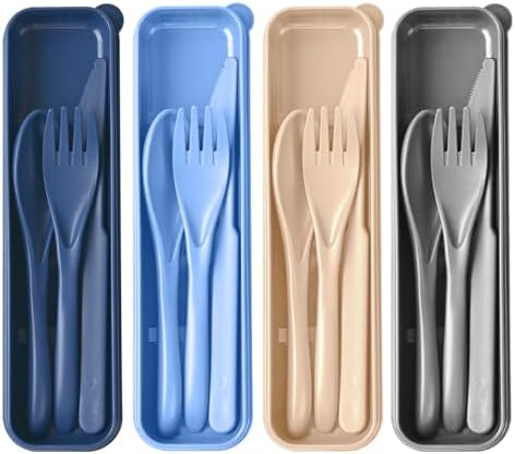 Travel Utensils Set with Case, 4 Sets Camping Utensils Wheat Straw Reusable Utensils Set With Case, Knife Fork and Spoon Utensils for Lunch Box by HMDZMR