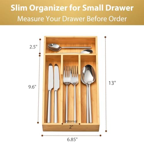 Umilife Bamboo Kitchen Drawer Organizer, 7 Inch Silverware Utensils Tray Holder for Small Drawer, Wood Caddy for Flatware Cutlery Knives - Image 5
