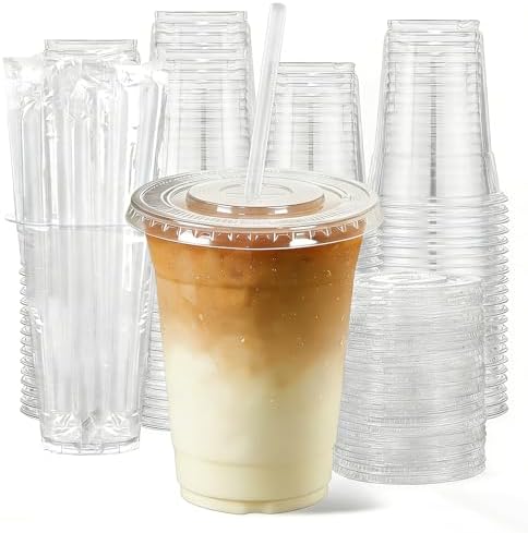 12oz Clear Plastic Cups with Lids and Straws 100 Pack by NewCupNewLife-cundao