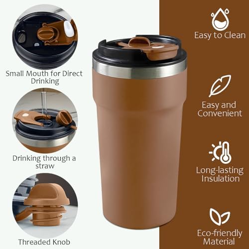SPLMIFA Travel Coffee Mugs Leak-Proof, Reusable Coffee Cups with Lids, Stainless Steel Vacuum Insulated Coffee Tumblers, Thermal Insulation Cups for Men and Women Hot & Cold Drinks(4th-Brown, 16OZ) - Image 2