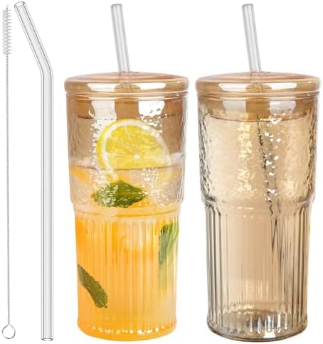 JunVpic Glass Coffee Tumbler, 20 oz Glass Cup with Lid and Straw by Junvpic