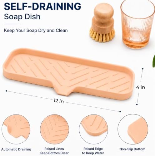 MicoYang Silicone Soap Dish with Drain Spout — Self-Draining Double Sink Organizer Tray for Kitchen & Bathroom, Dispensers, Sponges & Soap Holder, Non-Slip & Dishwasher Safe, Pink (Large, 12"×4") - Image 2