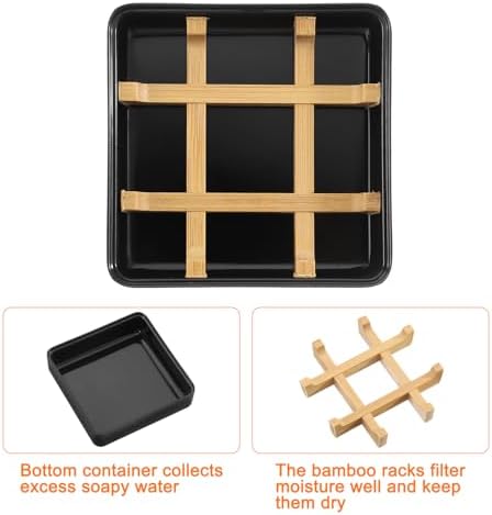 uxcell Wooden Soap Holder, Detachable Self Draining Square Soap Dishes with Lid, Wooden Bamboo Soap Bar Tray for Shower (Double Pack Right Angle Black) - Image 3