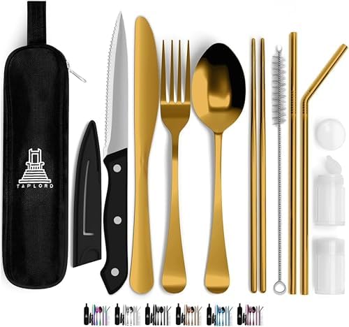 Taplord Portable Travel Silverware Set With Case, Includes 10 Pcs of Travel Utensils With Case, Stainless Steel Flatware Set For Camping, Lightweight (Gold) by Taplord