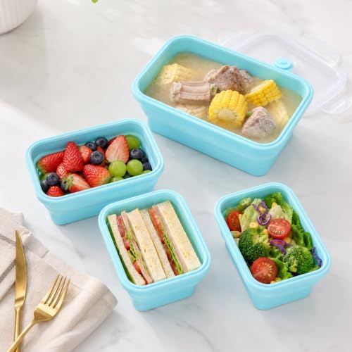 4Pcs Collapsible Silicone Food Container with Lid Heat Resistant Foldable Food Storage Containers Microwave Dishwasher and Freezer Safe 350/500/800/1200 ml for Kitchen Picnic Travel(Sky Blue) - Image 7