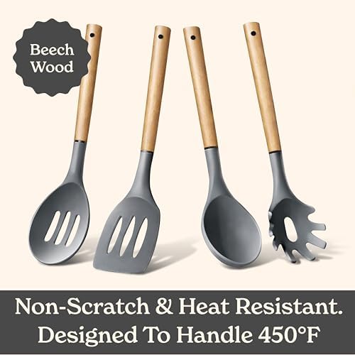 Country Kitchen Non Stick Silicone Utensil Set with Rounded Wood Handles for Cooking and Baking, 8 Piece Set, Gray - Image 5
