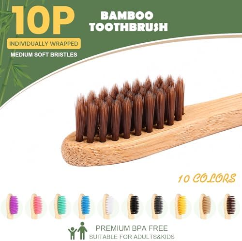 10 PCS Bamboo Toothbrushes, Individually Wrapped Wooden Toothbrushes Bulk - Image 2