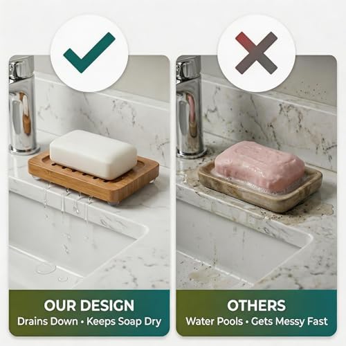 Bamboo Soap Dish with Drainage, 2 Pack Slotted Self Draining Bar Soap Holder, Acacia Finish for Shower, Bathroom Sink & Kitchen Countertop - Image 7