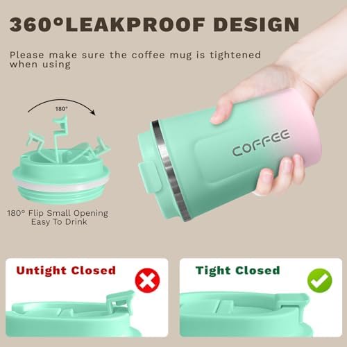 SPLMIFA Travel Coffee Mug Leak-Proof, Reusable Coffee Cups with Lids, Stainless Steel Vacuum Insulated Coffee Tumblers, Thermal Insulation Cup for Men and Women Hot & Cold Drinks(2nd-Green Pink, 12OZ) - Image 5