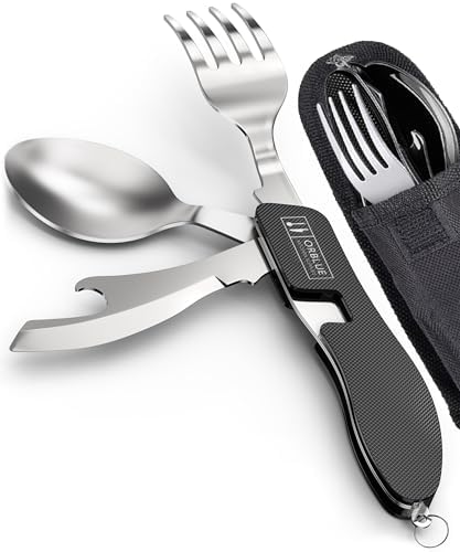 Orblue 4-in-1 Camping Eating Utensils, 2-Pack - Portable Spoon, Fork, Knife & Bottle Opener Combo Set - Stainless Steel Flatware with Detachable Fork - Travel, Backpacking Cutlery Multitool, Black by Orblue